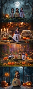 Detail of hanging Halloween witch figurines with pointed hats and broomsticks for decor