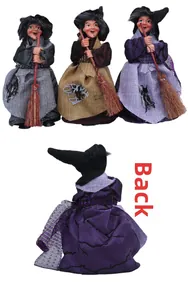 Detailed back and front views of colorful Halloween witch dolls with brooms and pointed hats
