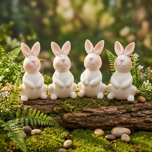 Set of four cute ivory resin Easter bunny figurines on mossy wood for desk decor