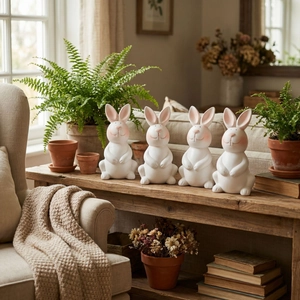 Set of 4 cute white ceramic Easter bunny figurines smiling on a rustic wooden table