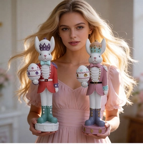 Easter rabbit nutcracker figurines held by hand with floral relief decorative eggs