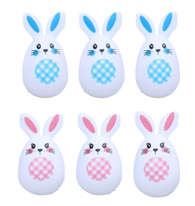 Set of 6 Easter egg bunny figurines in pastel pink and blue with grid patterns