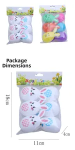 Detailed view of colorful Easter bunny egg ornaments with size measurements and packaging