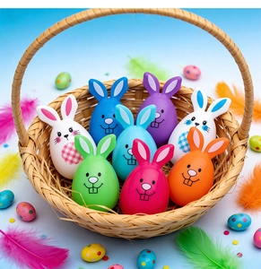 Close-up of colorful Easter bunny eggs in a woven basket with festive feathers