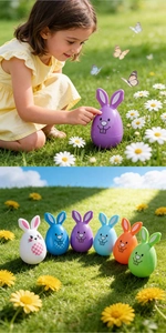 Close-up of colorful bunny Easter eggs on grass featuring cute rabbit face prints