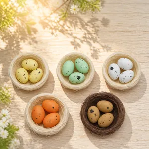 Easter decoration set featuring bird nests with colorful speckled eggs for festive table decor
