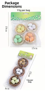 Detail showing weight and size of Easter bird nests with colorful speckled eggs sets