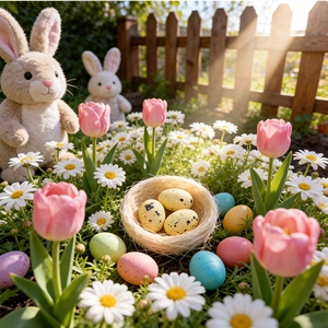 Close-up of colorful speckled Easter eggs in a natural fiber bird nest with tulip flowers