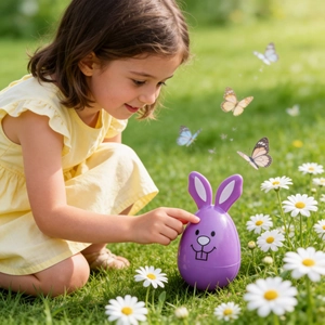Purple bunny shaped Easter egg toy shown in a sunny garden setting with a small girl