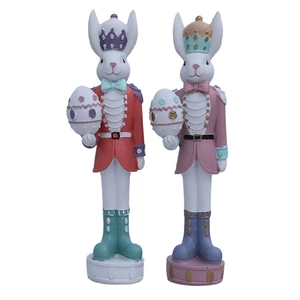 Easter rabbit knight figurines with decorative eggs in red and pink resin uniforms