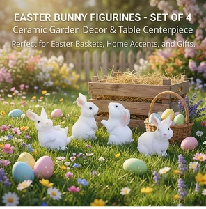 Set of 4 realistic white ceramic Easter bunny statues in a spring garden scene