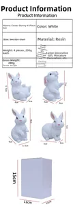 Detailed dimensions and packaging for a set of four white resin Easter bunny figurines