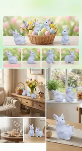 Detail of four white resin Easter bunnies in different poses for holiday home decor