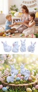 Set of four white resin bunnies in various poses for Easter decor and garden micro landscape