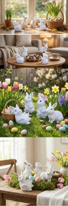 Easter resin bunnies set displayed in various indoor and outdoor garden decor scenes