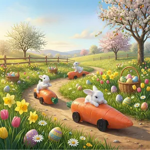 Detail of resin Easter bunny on a carrot car ornament in a spring garden setting