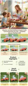 Close-up of hand-painted resin Easter bunnies in carrot race cars with detailed textures