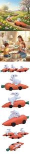 Detail of Easter bunny resin ornament driving a vibrant orange carrot shaped racing car