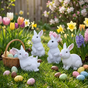 Set of four Easter bunny figurines with colorful eggs in a spring garden setting