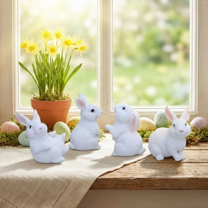 Four white resin Easter bunny figurines with fur texture on a bright windowsill