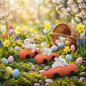 Easter Bunny Rabbit Carrot Car Resin Figurine Set Cartoon Animal Desktop Ornament For Home Holiday Decoration Party Favor Gift