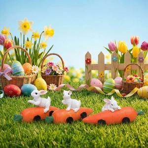 Easter resin bunny figurines riding carrot cars on a sunny lawn garden decoration