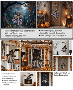 Χειροποίητη μάγισσα Halloween σε κούνια με πινακίδα Welcome για εσωτερική διακόσμηση