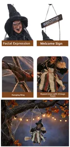 Λεπτομέρεια διακόσμησης μάγισσας Halloween με υφή λινάτσας και πινακίδα καλωσορίσματος