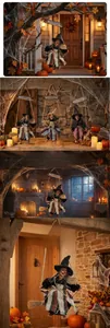 Λεπτομέρεια από κρεμαστή μάγισσα Halloween σε κούνια με ξύλινη επιγραφή Welcome
