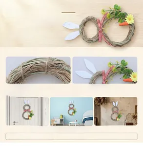 Détail de couronne de Pâques faite main avec lapin en paille, marguerites et carottes