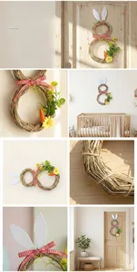 Couronne de lapin de Pâques en paille avec nœud à carreaux rouges et blanches et marguerites