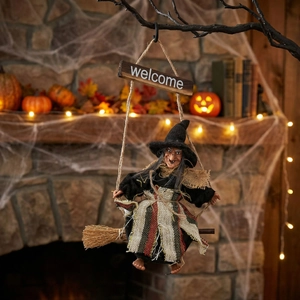 Halloween hanging witch with broom and welcome sign for party festive home decoration