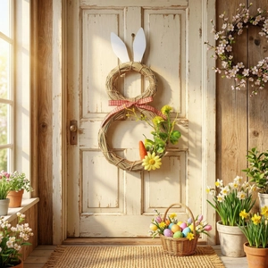 Lapin de Pâques en paille décoratif avec nœud vichy rouge suspendu à une porte blanche