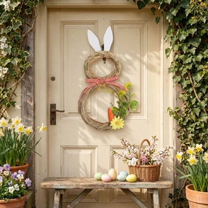 Easter straw bunny wreath with red plaid bow and carrots on cream wooden door