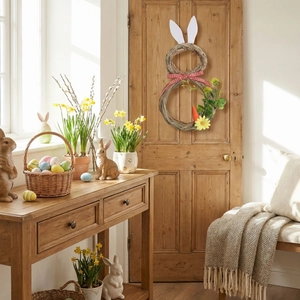 Couronne de Pâques en rotin en forme de lapin avec oreilles et carotte sur porte