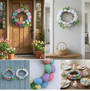 Detailed view of Easter egg wreath with colorful pastel eggs and natural rattan base