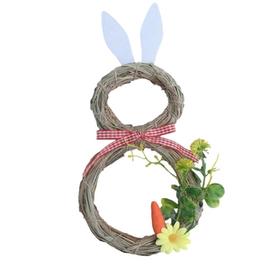 Couronne de Pâques lapin en paille avec nœud à carreaux, oreilles et décor de carotte