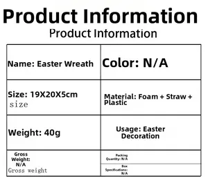 Detailed product specification table for Easter wreath made of foam and straw