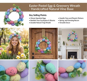 Detail of handcrafted Easter wreath with colorful speckled eggs and green eucalyptus leaves