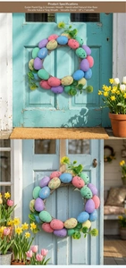 Close-up of Easter wreath with pastel eggs and greenery on natural vine base