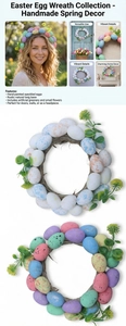 Detailed views of Easter rattan wreath with speckled eggs and artificial greenery