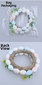 Easter wreath with speckled eggs and yellow flowers shown in bag and back view details