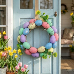 Easter Egg Wreath Pastel Spotted Foam Eggs Natural Vine Base Artificial Foliage Spring Festive Front Door Home Decor Ornament