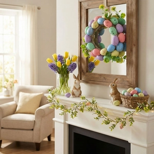 Easter wreath with colorful speckled eggs and white rattan on a mirror in a home setting