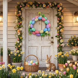 Easter wreath with pastel speckled eggs and green leaves on a rustic white wooden door