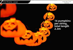 Halloween string lights featuring 16 orange LED pumpkins with Jack-O-Lantern faces over 2.3m