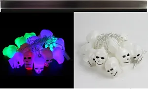 Dual view of Halloween skull LED string lights showing unlit white and colorful glowing states