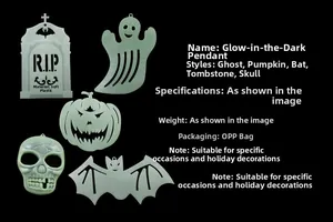 Detailed view of 5 glow-in-the-dark Halloween hanging decorations on a black background