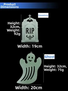 Glow-in-the-dark Halloween tombstone and ghost wall hangings with dimensions and weights