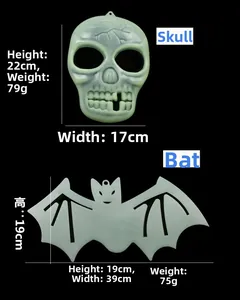Glow-in-the-dark Halloween skull and bat hanging decor with size and weight details